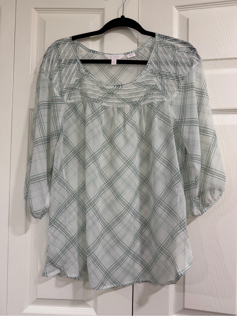 LC Lauren Conrad Mint Green Plaid Sheer Peasant Top